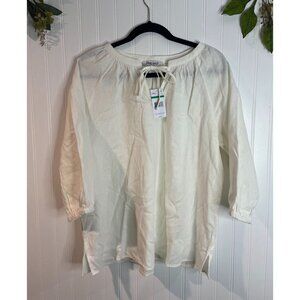 Nine West White Linen Blend Peasant Blouse With Elastic Cuffs & Tie Neck Size L